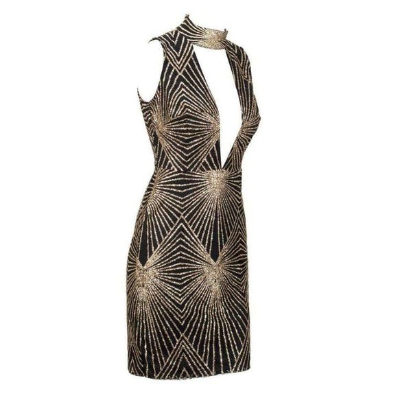 Black Gold Sequin Geometric Sleeveless Mock Neck Deep V Neck Mini Dress NWT - Picture 12 of 12